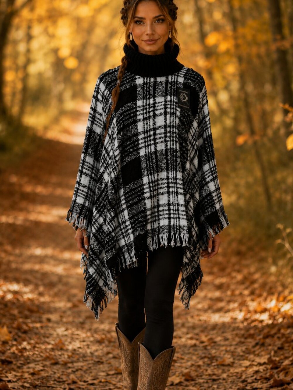 Comfy Cozy Soft Lightweight Plaid Gingham Chunky Cowl Neck Fringe Poncho